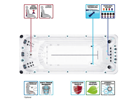 Activity 2 swim spa technical diagram showing massage jets, water flow system and heating features - Passion Spas Swim Spas Collection