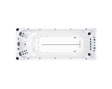 Overhead view of Activity 2 Dynamic Swimspa featuring dual-zone design with therapy seats and swim lane - Passion Spas Swim Collection