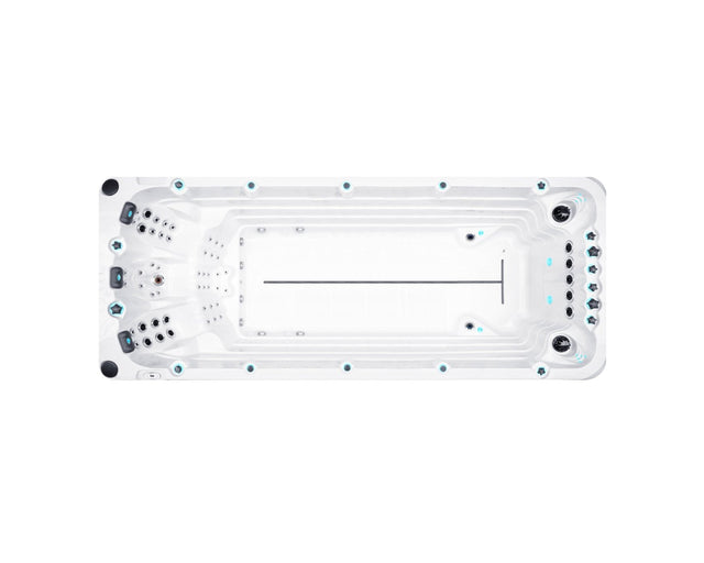 Overhead view of Activity 2 Dynamic Swimspa featuring dual-zone design with therapy seats and swim lane - Passion Spas Swim Collection