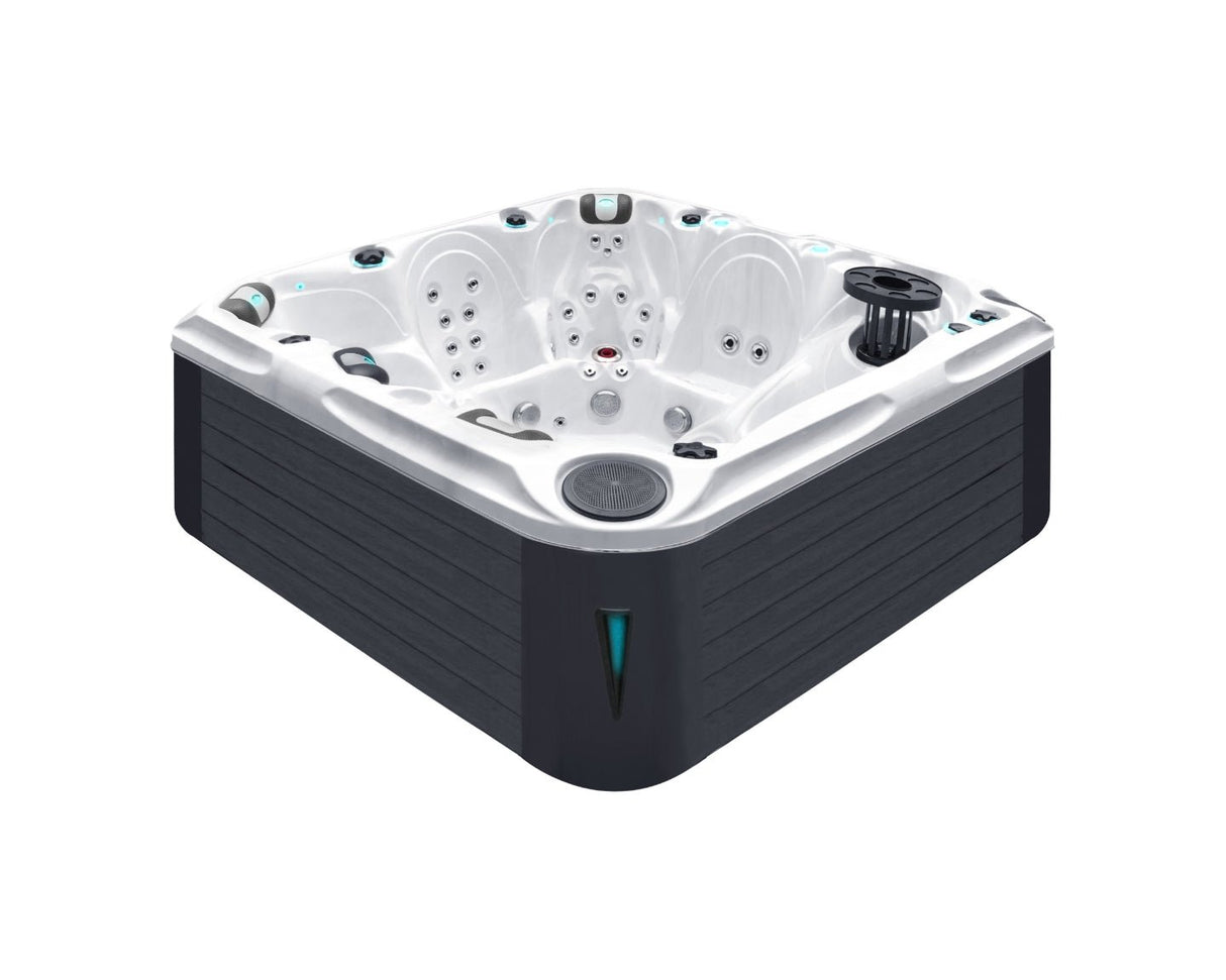 Admire luxury hot tub with white shell, dark cabinet, multiple jets and ergonomic seating for 6+ persons - Passion Spas Signature Collection