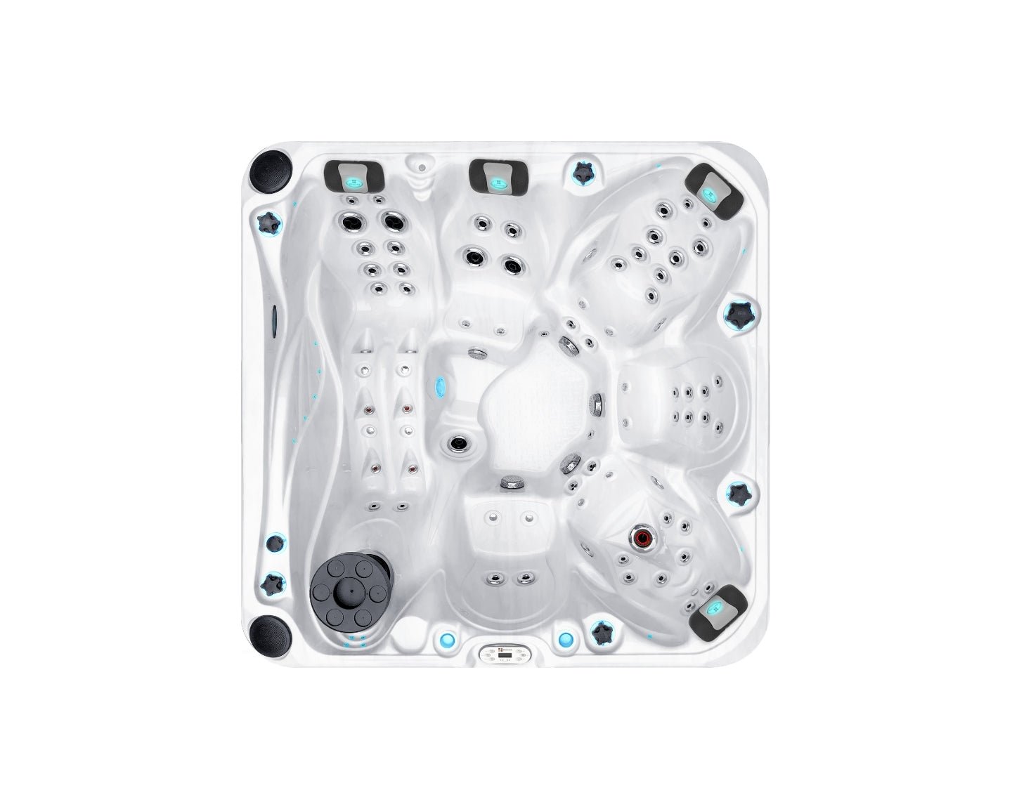 Aerial view of Admire luxury hot tub featuring multiple seats and massage jets in white shell design - Passion Spas Signature Collection