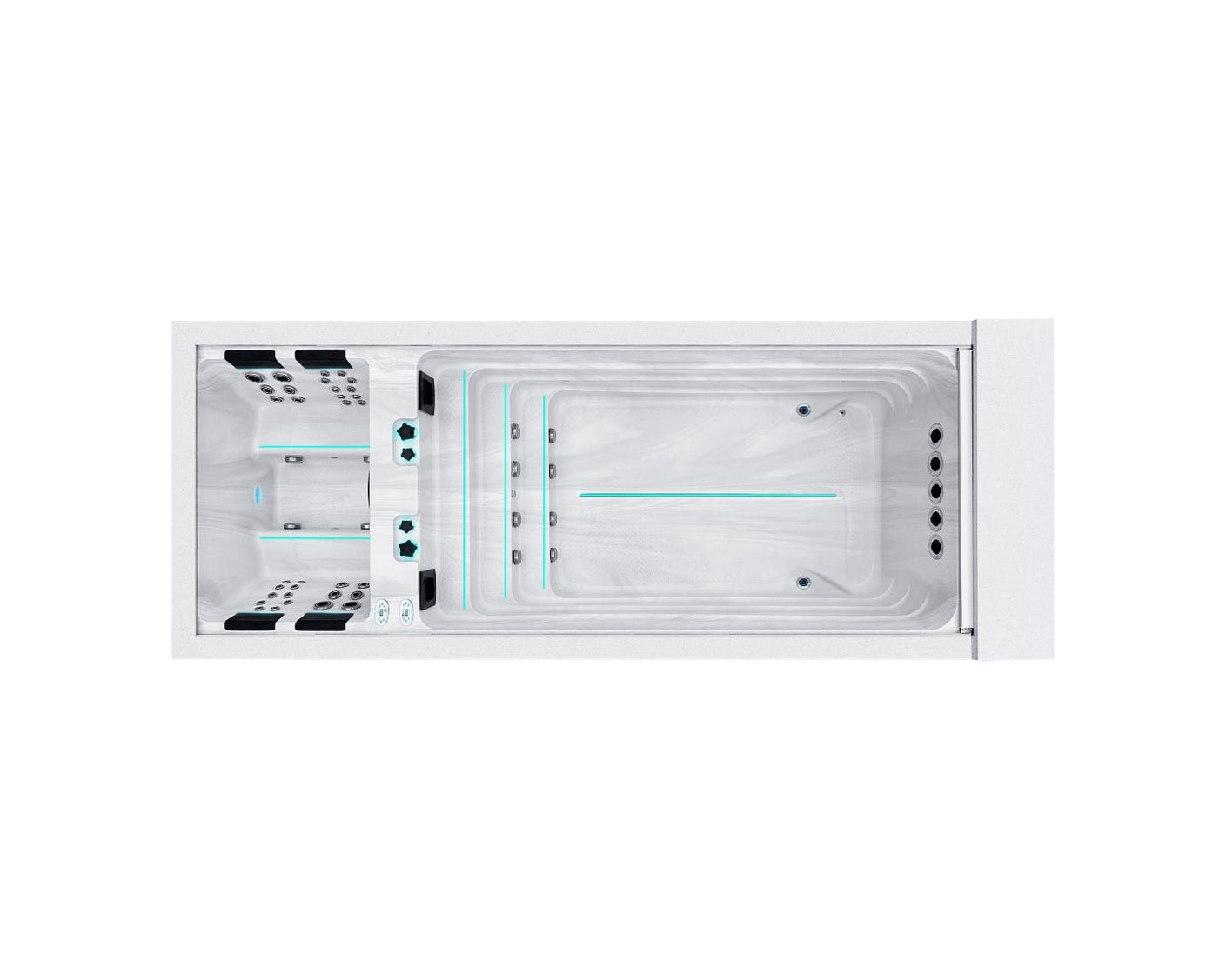 Modern Balance swim spa with LED lighting and dual zones, showcasing sleek design and swimming area - Passion Spas Swim Collection