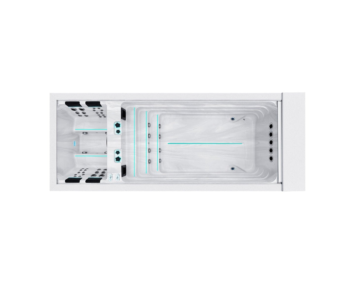 Modern Balance swim spa with LED lighting and dual zones, showcasing sleek design and swimming area - Passion Spas Swim Collection