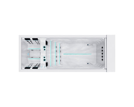 Modern Balance swim spa with LED lighting and dual zones, showcasing sleek design and swimming area - Passion Spas Swim Collection