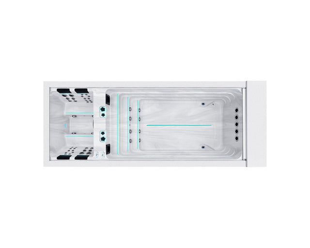 Modern Balance swim spa with LED lighting and dual zones, showcasing sleek design and swimming area - Passion Spas Swim Collection