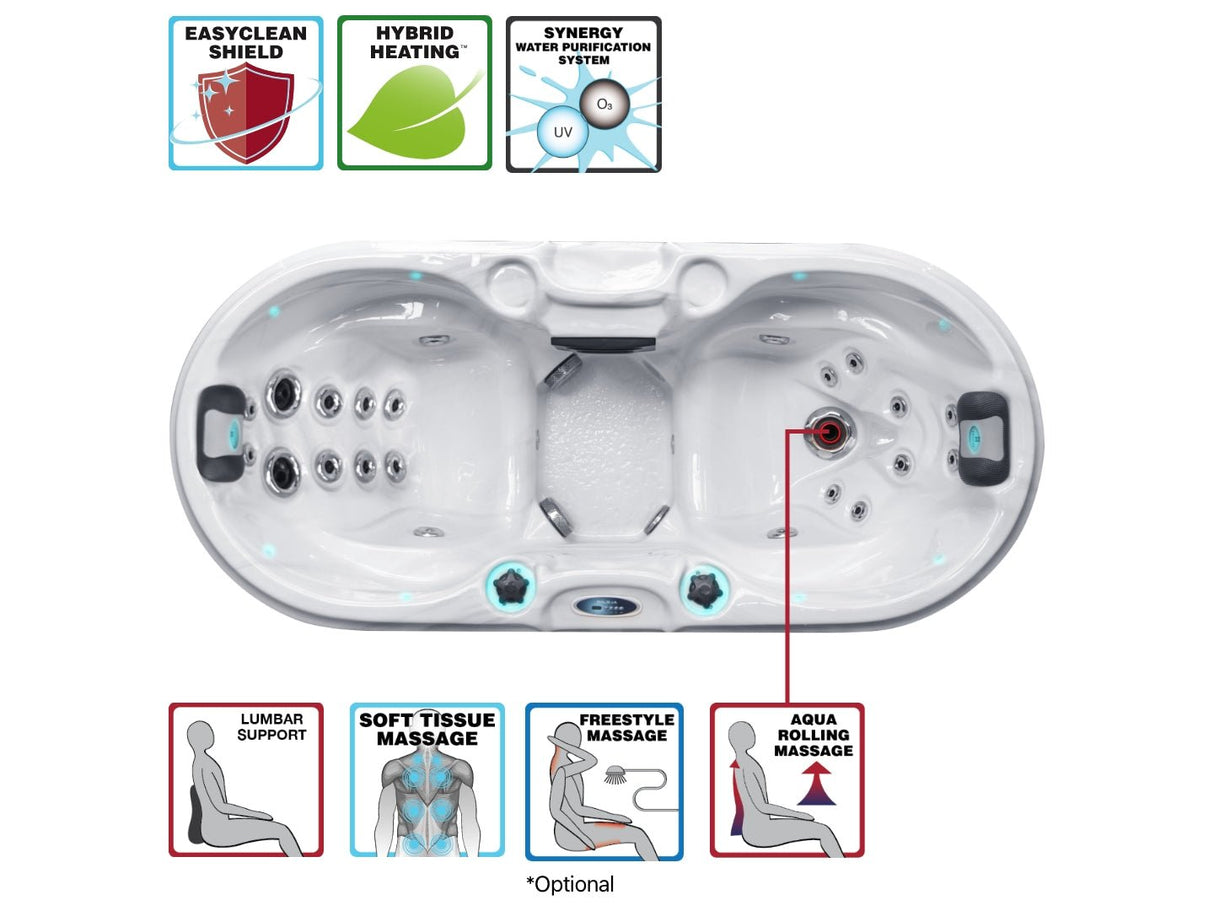 Compact Bliss 2-person hot tub with massage features and drink holders, shown in overhead view with feature icons - Passion Spas Signature Collection
