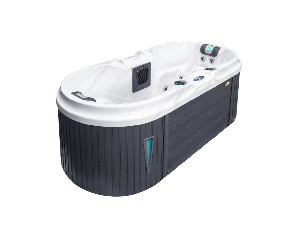 Bliss 2-person compact spa with white interior, black cabinet, and therapeutic jets - ideal for urban living - Passion Spas Signature Collection