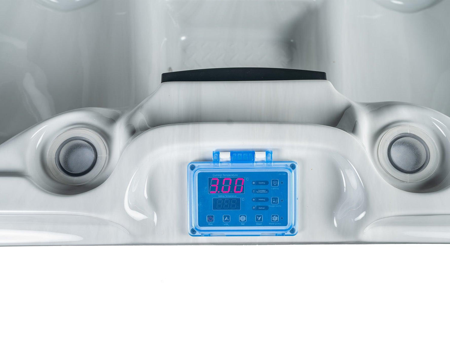 Digital control panel with blue LED display on Elevate hot and cold therapy ice bath by Passion Ice Baths, showing temperature settings