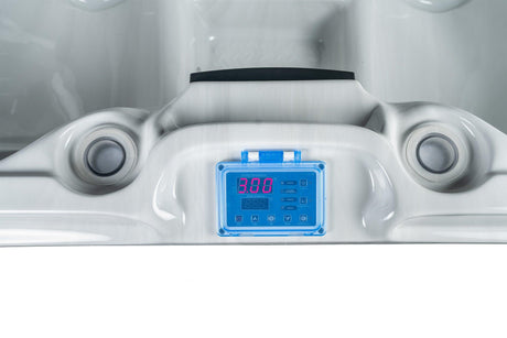 Digital control panel with blue LED display on Elevate hot and cold therapy ice bath by Passion Ice Baths, showing temperature settings
