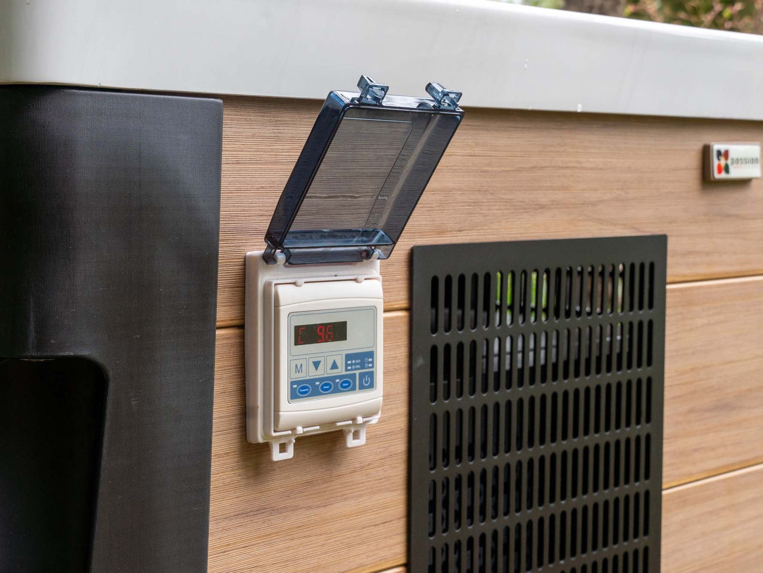 Modern control panel with digital display on wooden-finished Breeze Ice Bath with Current by Passion Ice Baths - Ice baths collection