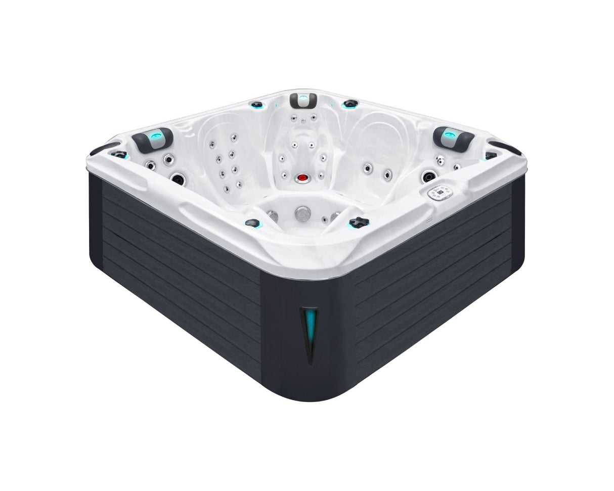 Delight luxury hot tub with white acrylic shell, black cabinet, dual loungers and aqua accents - Passion Spas Signature Hot Tubs