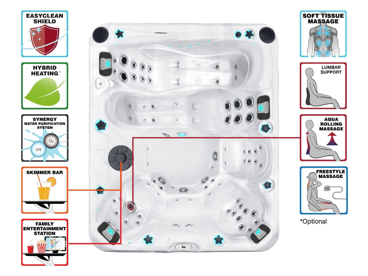 Luxurious Desire hot tub with 6-person capacity featuring dual loungers and advanced massage jets by Passion Spas Signature Collection