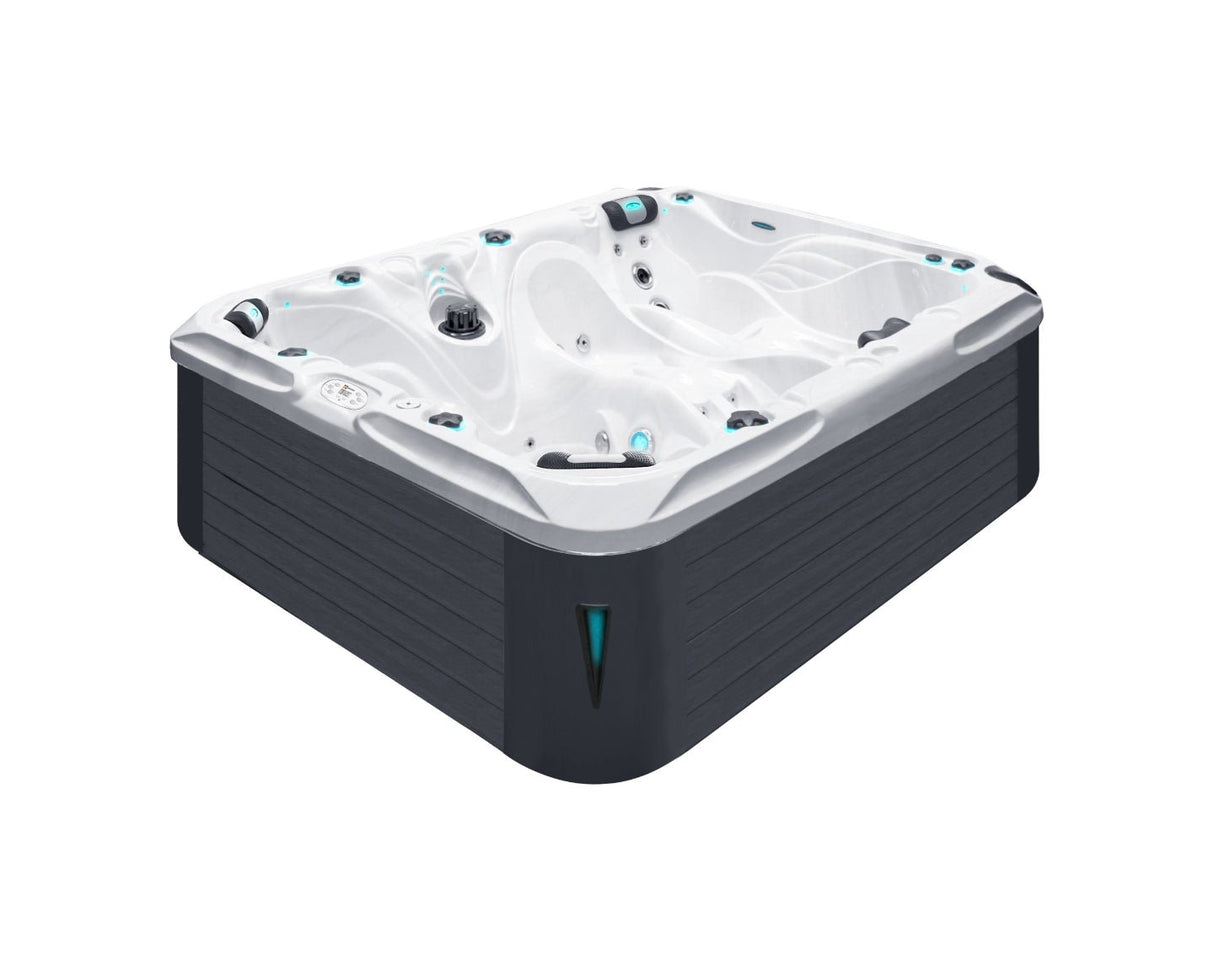 Desire luxury 6-person hot tub with ergonomic seating, white shell, dark grey cabinet, LED lighting - Passion Spas Signature Collection