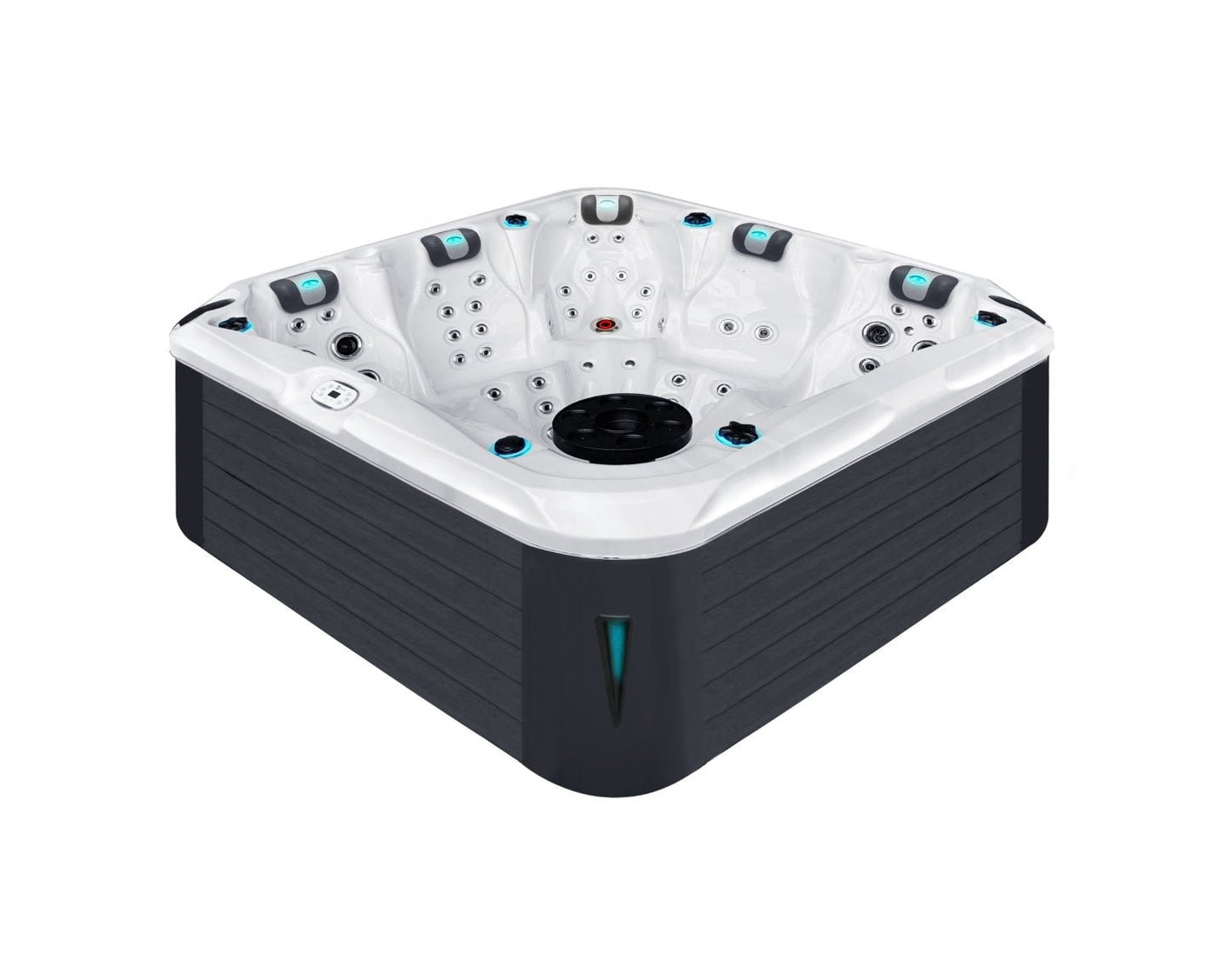 Devotion luxury spa with 5 loungers, white shell and grey cabinet, featuring turquoise jets - Passion Spas Signature Collection