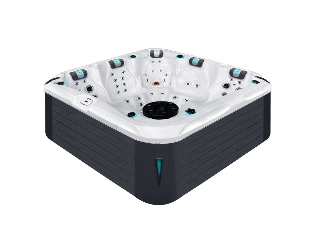 Devotion luxury spa with 5 loungers, white shell and grey cabinet, featuring turquoise jets - Passion Spas Signature Collection