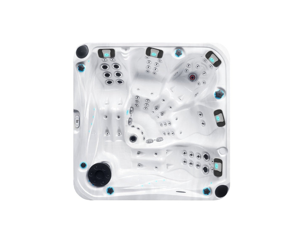 Top view of Devotion spa featuring 5 ergonomic seats with massage jets in pearl white finish - Passion Spas Signature Collection
