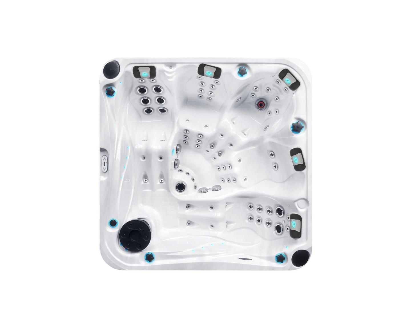 Top view of Devotion spa featuring 5 ergonomic seats with massage jets in pearl white finish - Passion Spas Signature Collection