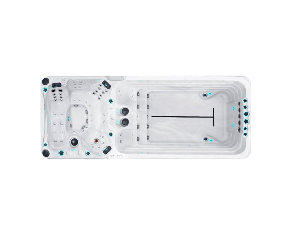 Dynamic Deep swim spa aerial view showing dual-zone design with therapy seats and swimming lane by Passion Spas Sport Collection
