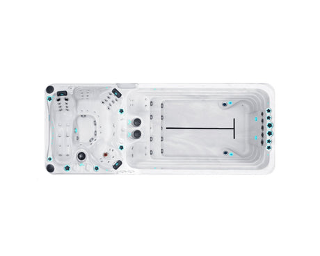 Dynamic Deep swim spa aerial view showing dual-zone design with therapy seats and swimming lane by Passion Spas Sport Collection