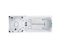 Dynamic swim spa aerial view showing dual-zone design with spa seats and swimming lane, white shell with turquoise jets - Passion Spas Sport Collection