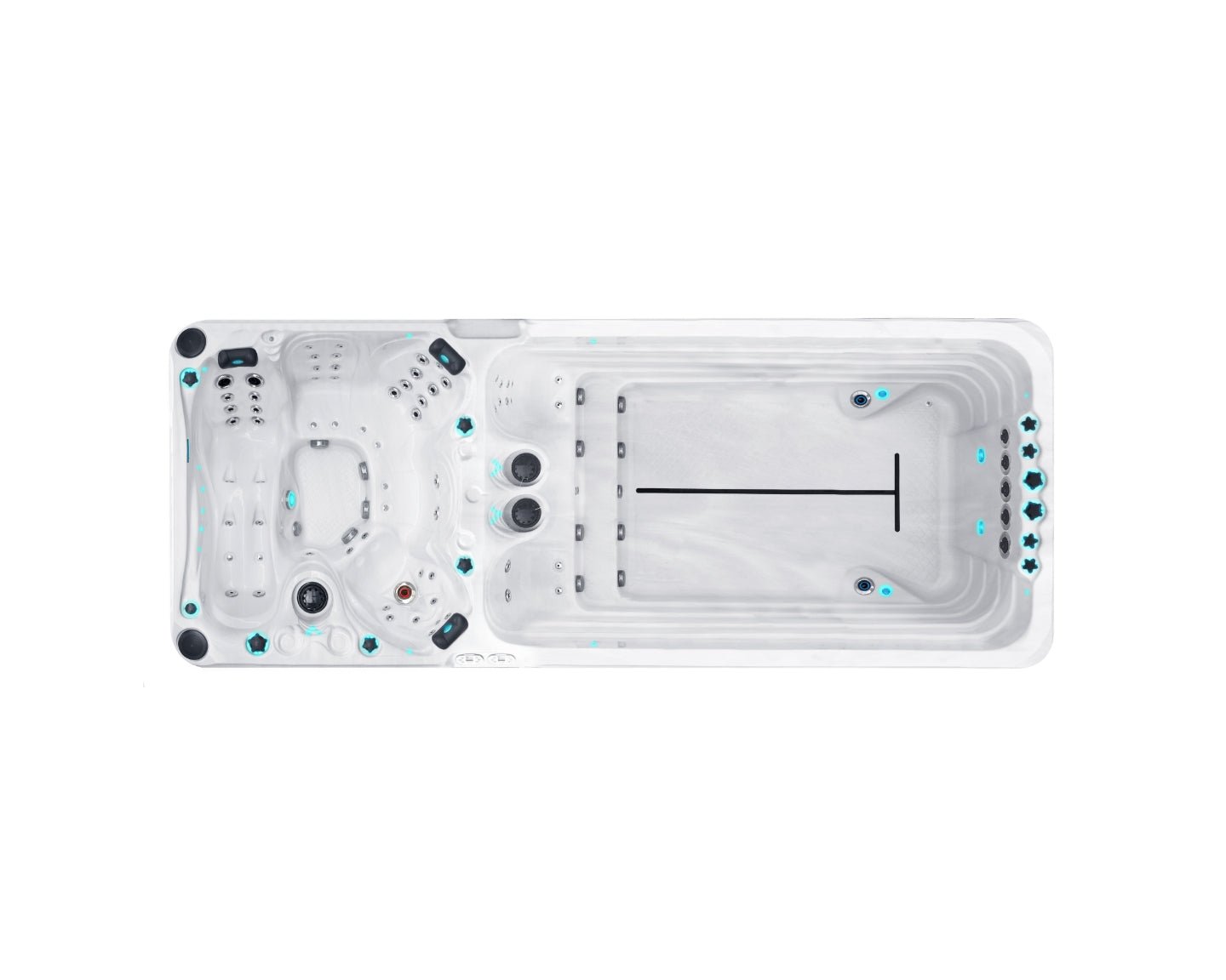 Dynamic swim spa aerial view showing dual-zone design with spa seats and swimming lane, white shell with turquoise jets - Passion Spas Sport Collection