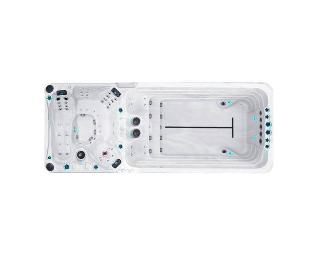 Dynamic swim spa aerial view showing dual-zone design with spa seats and swimming lane, white shell with turquoise jets - Passion Spas Sport Collection