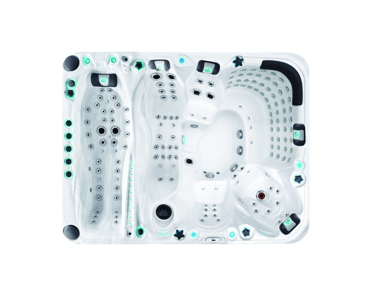 Ecstatic luxury hot tub interior view showing Levitation Bed and 150+ massage jets, white shell with LED lights - Passion Spas Exclusive Collection