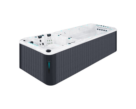 Energy Deep luxury swim spa with dual temperature zones, white interior and charcoal exterior paneling - Passion Spas Swim Collection