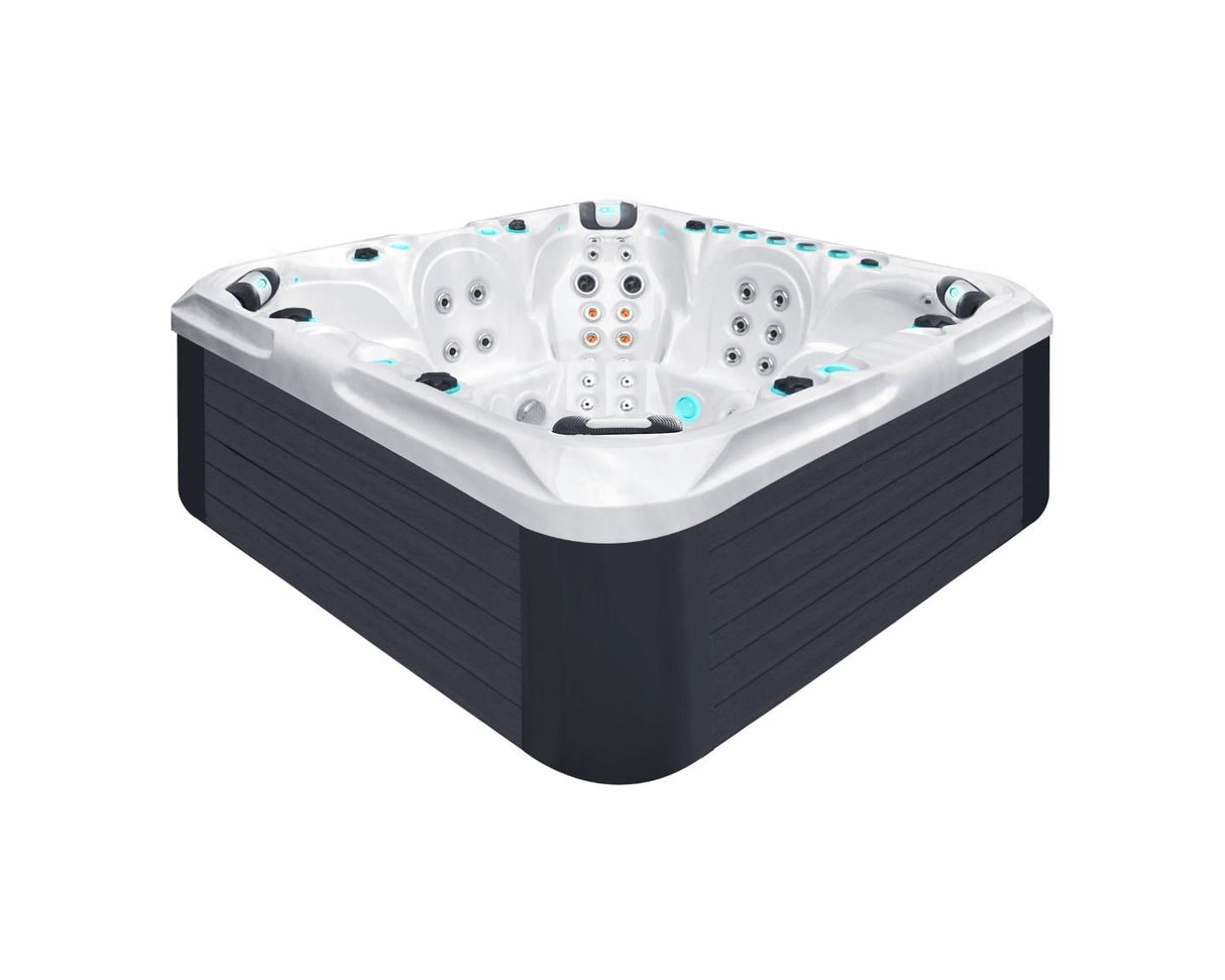Excite luxury 7-person hot tub with white interior, black cabinet, LED lighting and multiple massage jets - Passion Spas Exclusive Collection