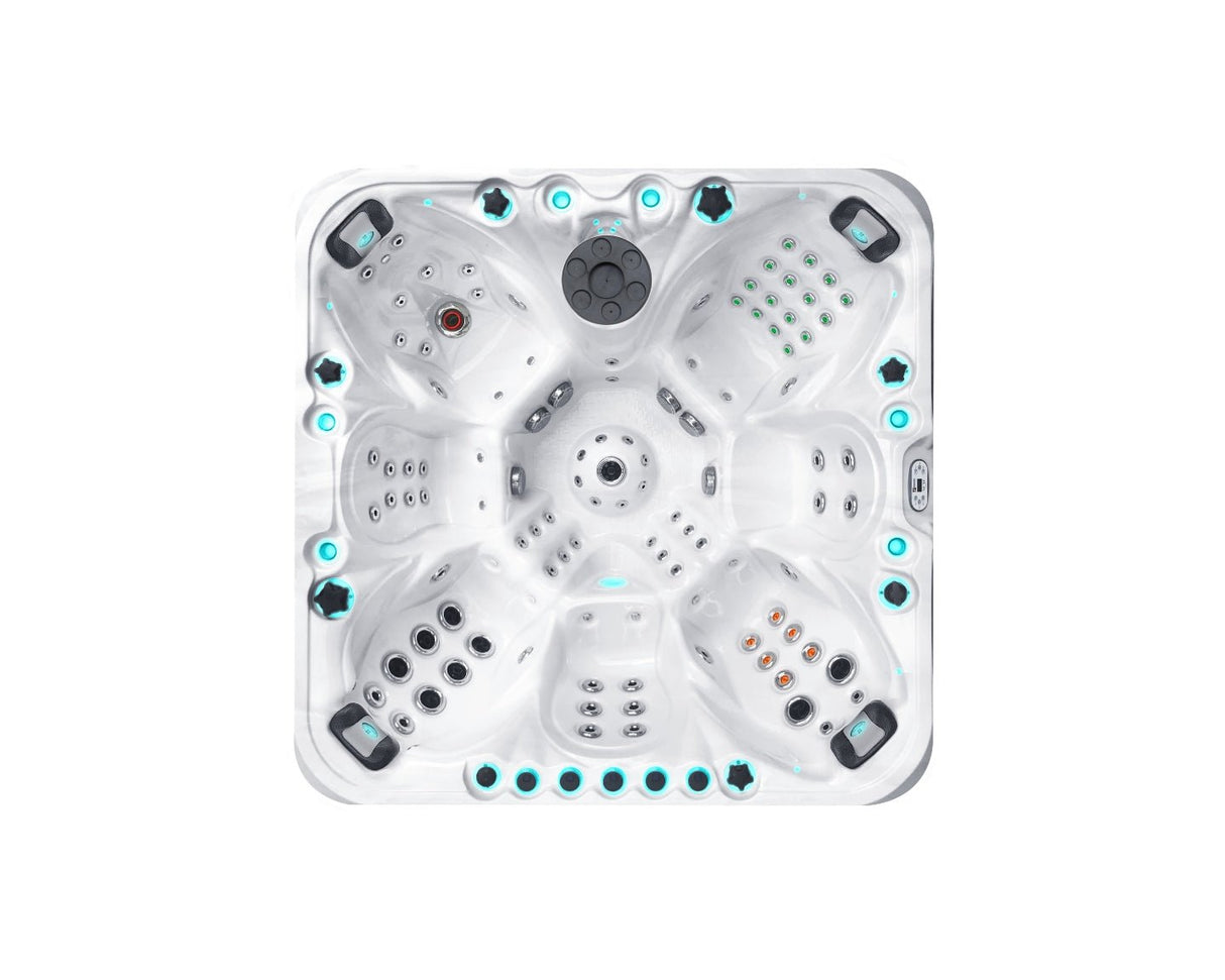 Excite luxury 7-person hot tub with full bench seating and LED lighting, aerial view showing jet configuration - Passion Spas Exclusive Collection