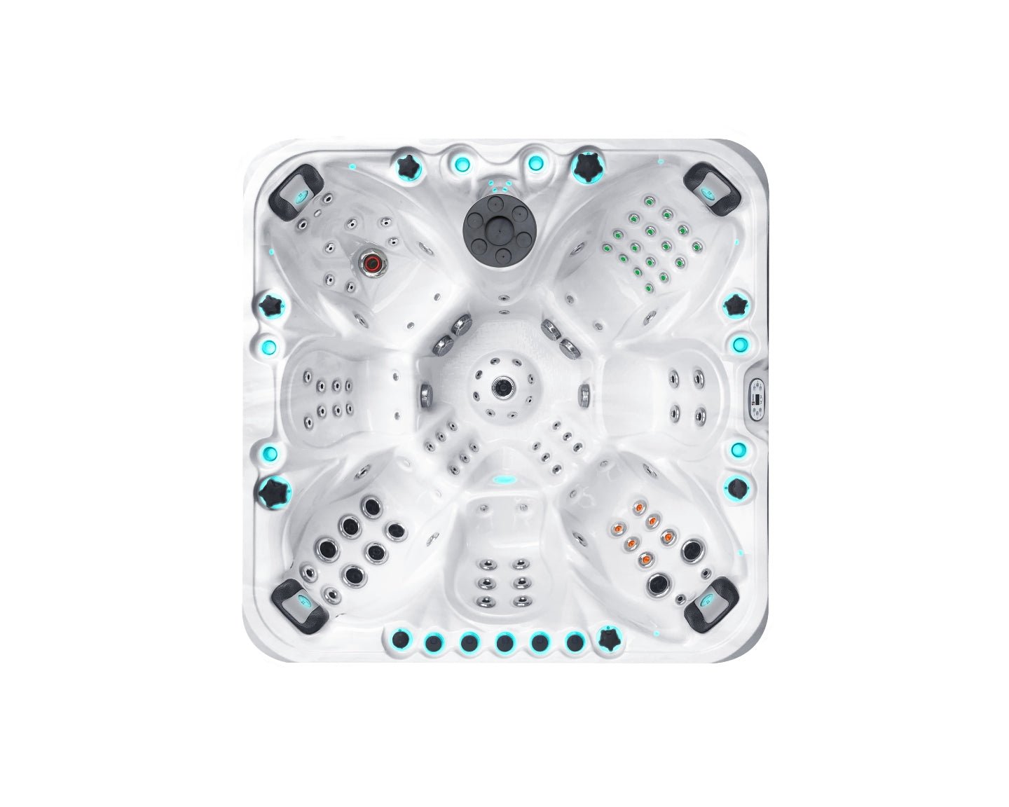 Excite luxury 7-person hot tub with full bench seating and LED lighting, aerial view showing jet configuration - Passion Spas Exclusive Collection