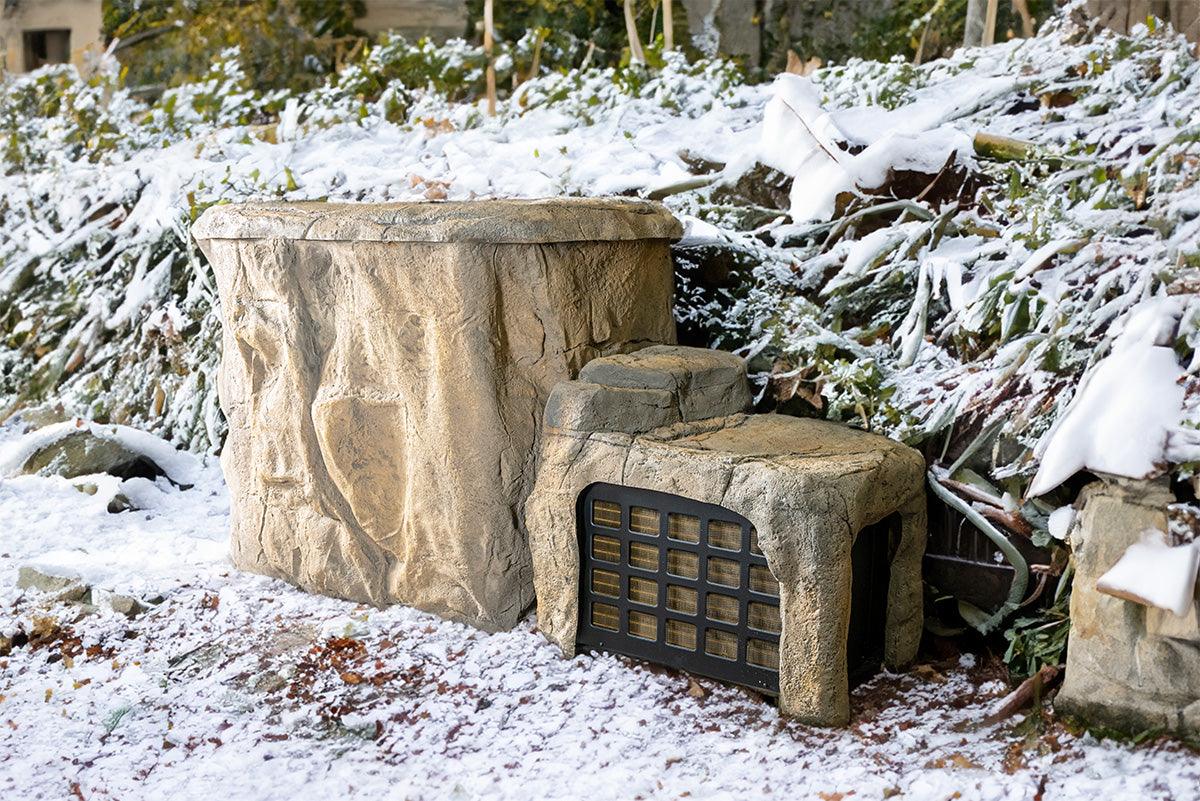 Faith rock-inspired ice bath with stone steps in snowy outdoor setting, showcasing natural textures - Passion Ice Baths Collection