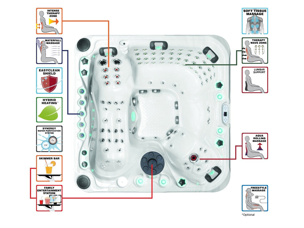 Felicity hot tub technical diagram showing massage jets layout and hydrotherapy features in white interior - Passion Spas Exclusive Collection
