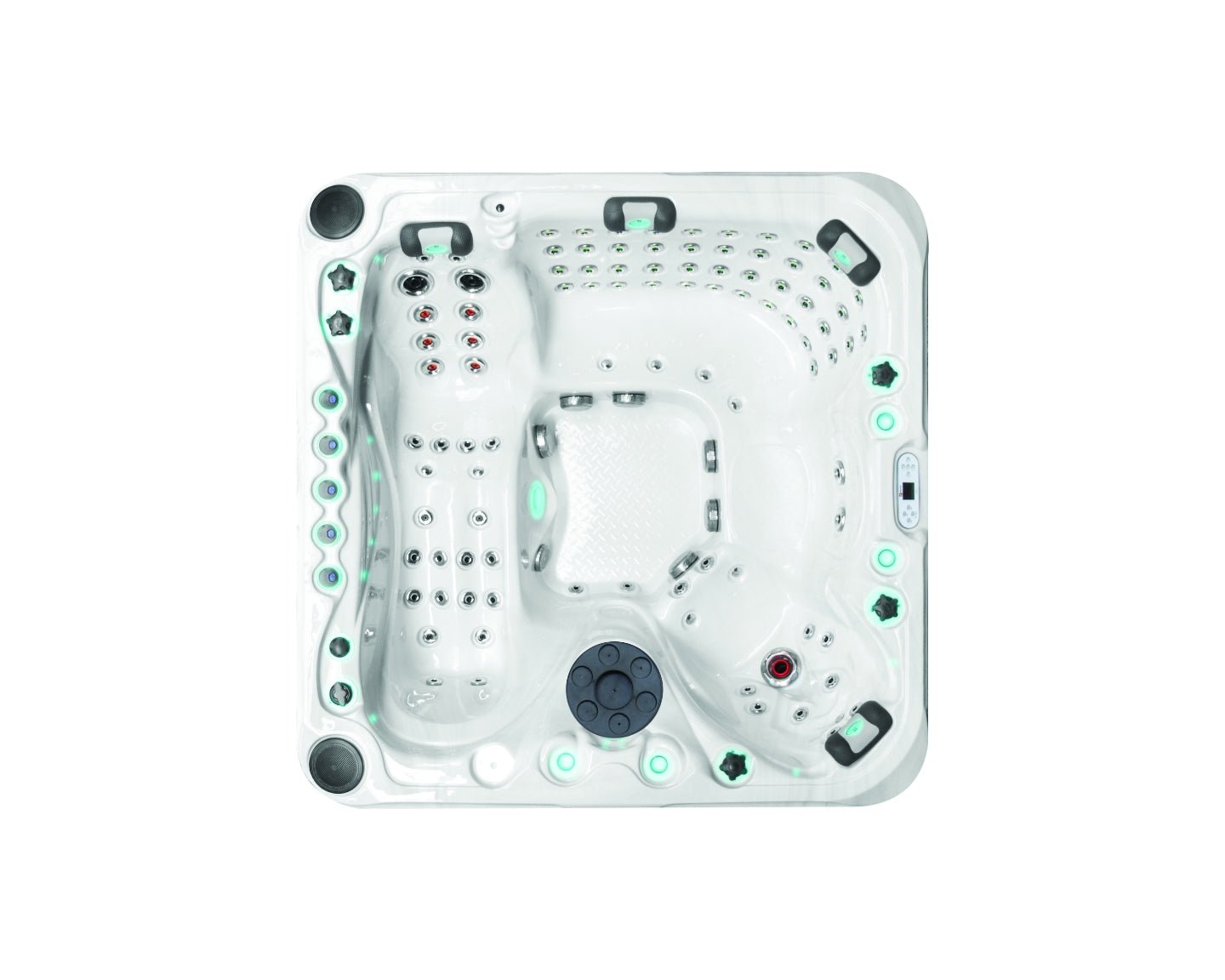 Aerial view of Felicity luxury hot tub featuring Wave Bench, multiple jets, LED lighting, and ergonomic seating - Passion Spas Exclusive Collection