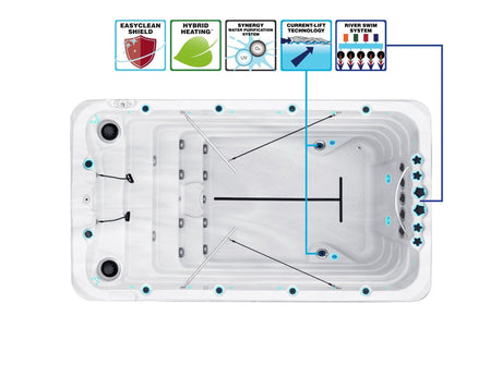 Fitness 1 swim spa overhead view showing jet configuration, hybrid heating system and EasyClean shield features - Passion Spas Fitness Collection