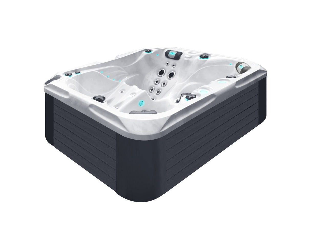Luxurious Happy hot tub with LED lighting, 1 lounger and 3 seats, dark base panel - Fonteyn Spas Signature Collection Hot Tub