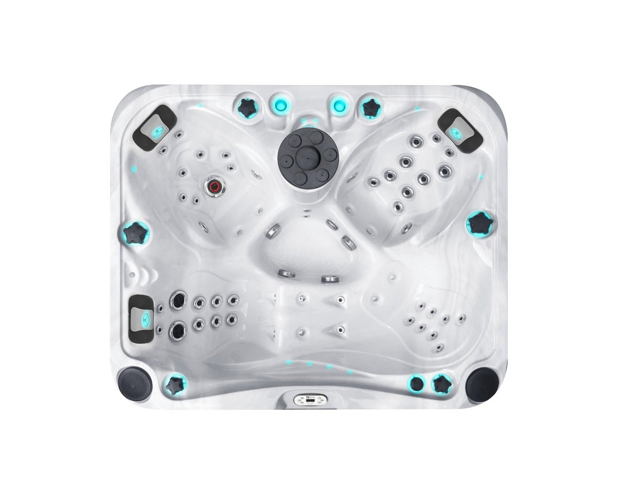 Happy luxury hot tub with LED lighting, lounger and 3 seats, featuring Aqua Rolling massage - Fonteyn Spas Signature Collection