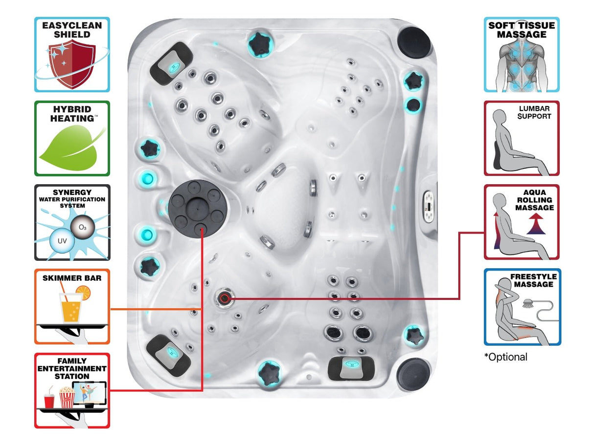 Modern Happy hot tub with LED lighting, massage jets, and 4 seats including lounger - Fonteyn Spas Signature Collection Hot Tubs