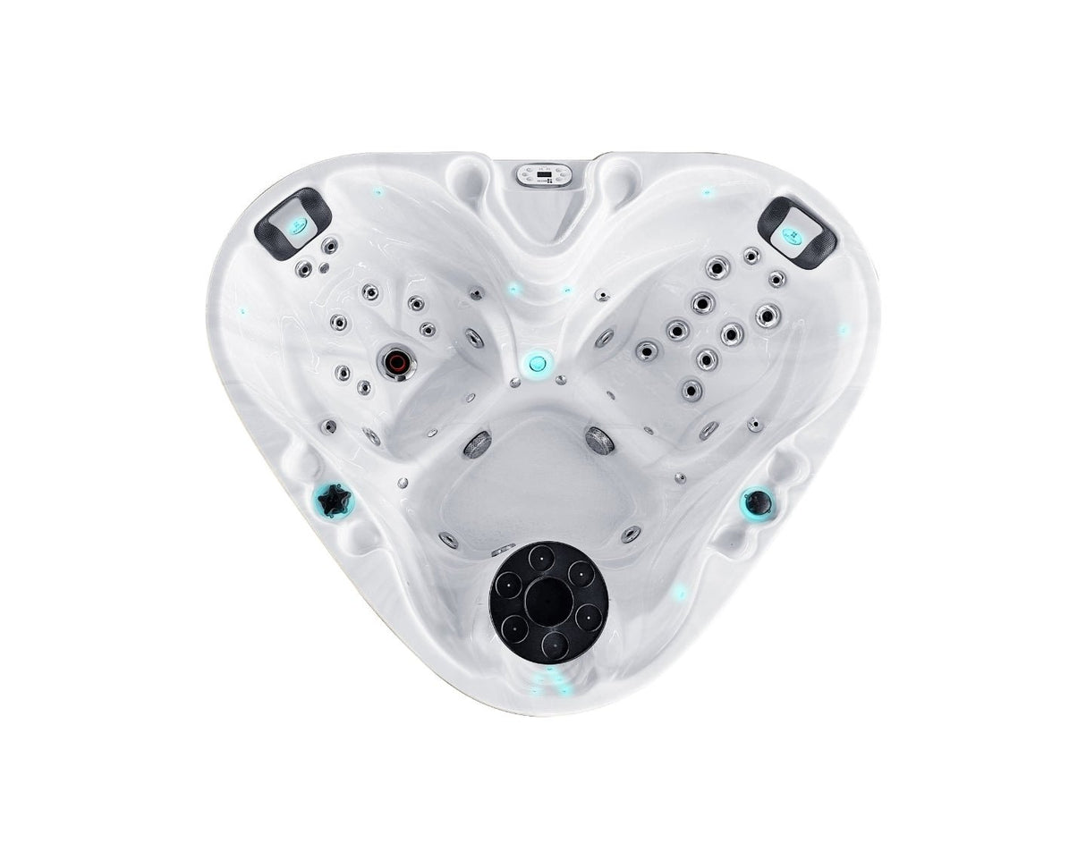 Heart-shaped 2-person hot tub with multiple massage jets, LED lighting, and white interior - Passion Spas Signature Collection Hot Tubs