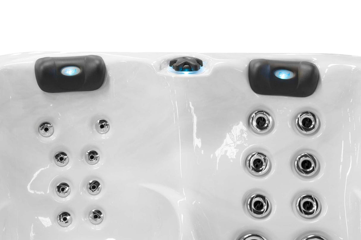 Renew 3-person hot tub with ergonomic seating and hydrotherapy jets, white acrylic shell and black headrests - Passion Spas Pure Collection