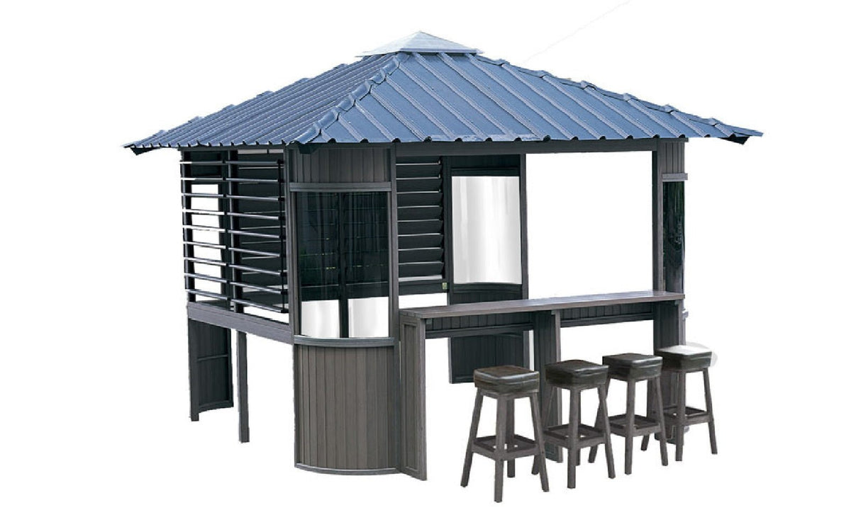 Gazebo Louvre outdoor spa enclosure with bar seating, louvered walls, and blue metal roof for backyard relaxation - Passion Spas