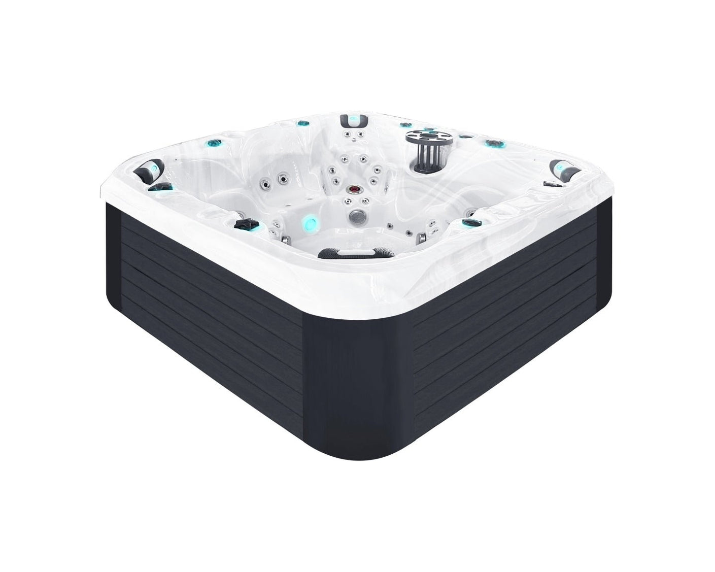 Joy luxury hot tub with deep bucket seats and LED lights, shown in white and black design - Passion Spas Signature Collection Hot Tubs