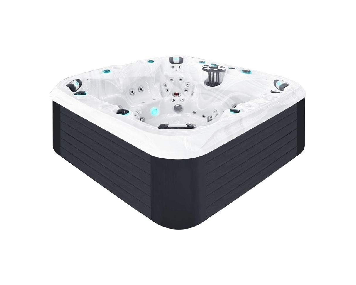 Joy luxury hot tub with deep bucket seats and LED lights, shown in white and black design - Passion Spas Signature Collection Hot Tubs