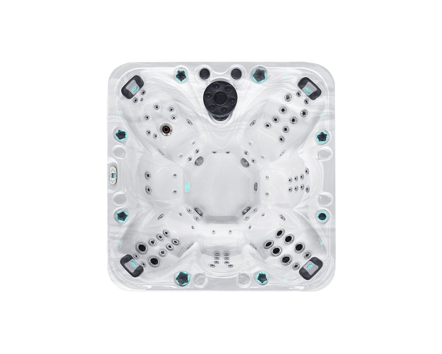 Joy luxury hot tub with deep bucket seats and multiple massage jets, aerial view of white spa interior - Passion Spas Signature Collection