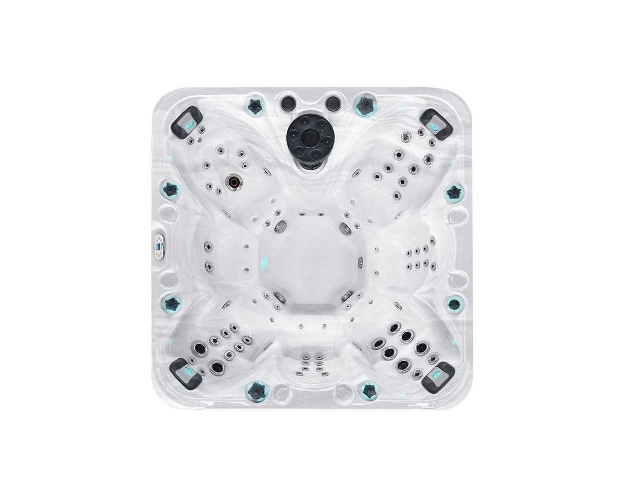 Joy luxury hot tub with deep bucket seats and multiple massage jets, aerial view of white spa interior - Passion Spas Signature Collection