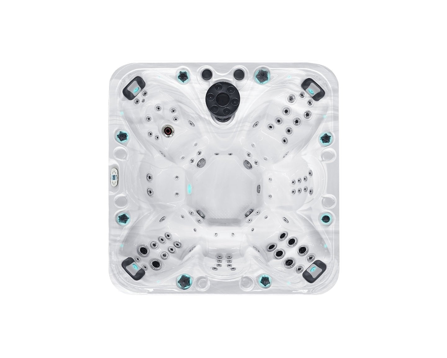 Joy luxury hot tub with deep bucket seats and multiple massage jets, aerial view of white spa interior - Passion Spas Signature Collection