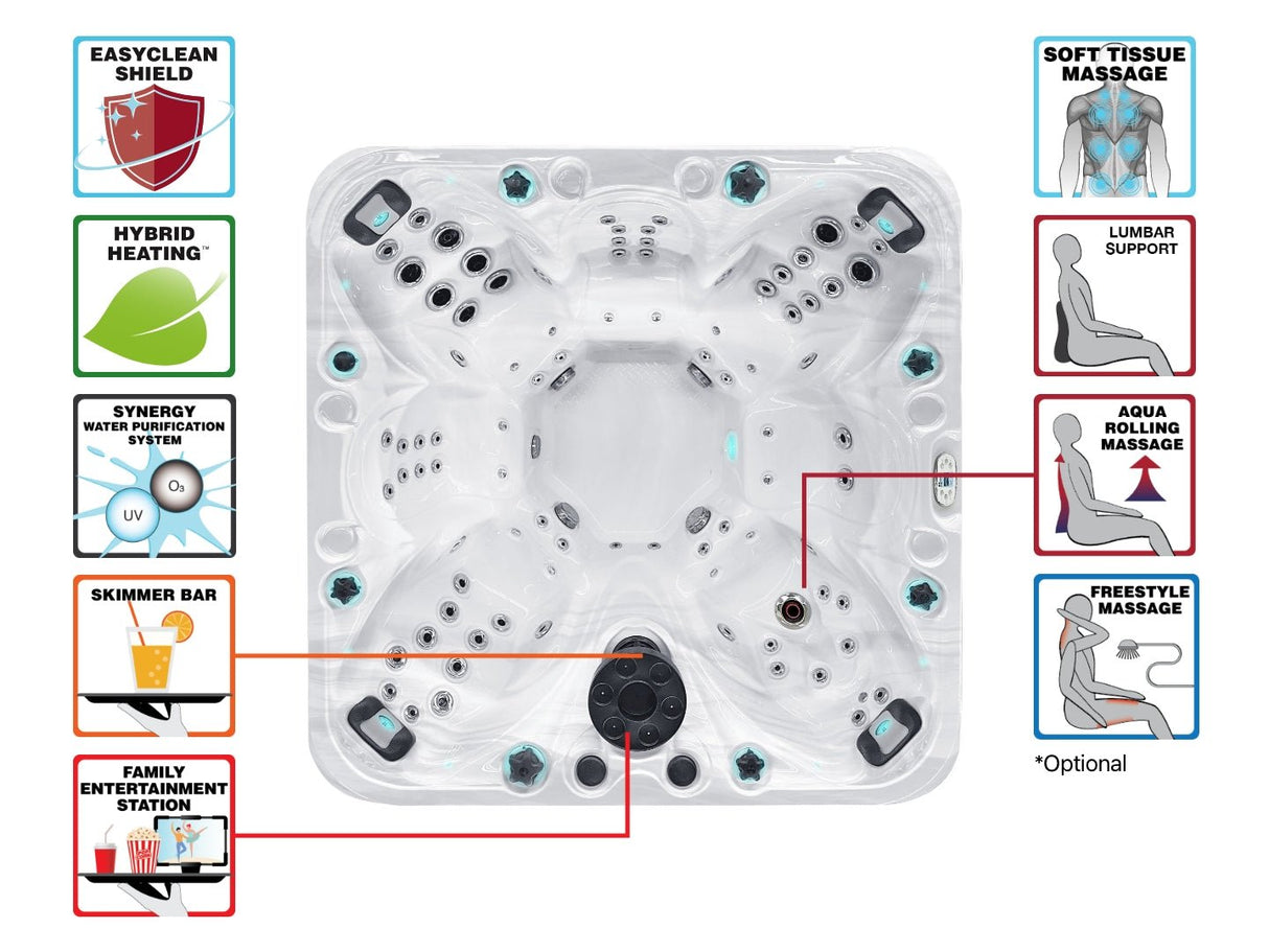 Overhead view of Joy hot tub with 7-person capacity, featuring massage jets and bucket seats by Passion Spas from Signature Collection Hot tubs