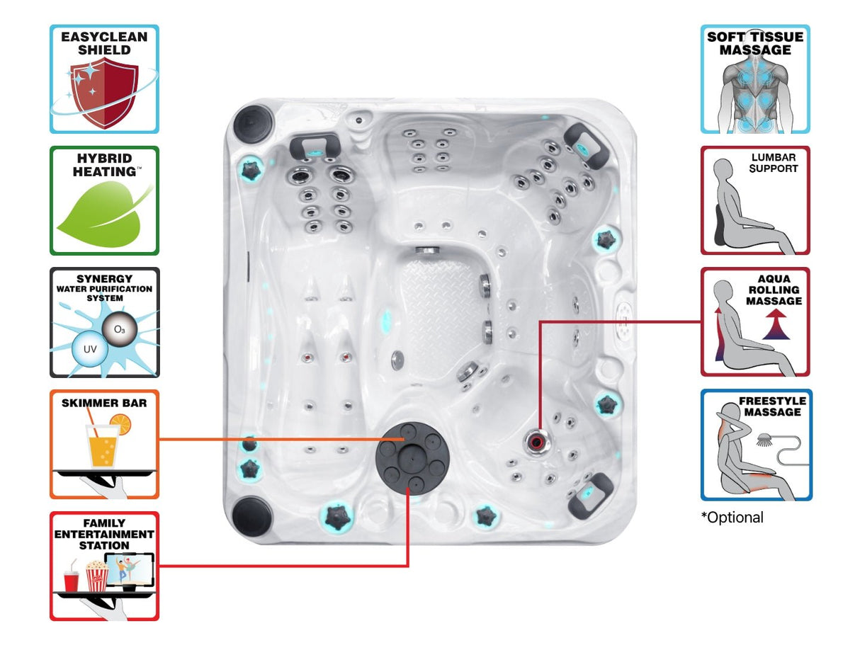 Pleasure hot tub aerial view showcasing massage jets, LED lighting and lumbar support features - Passion Spas Signature Collection