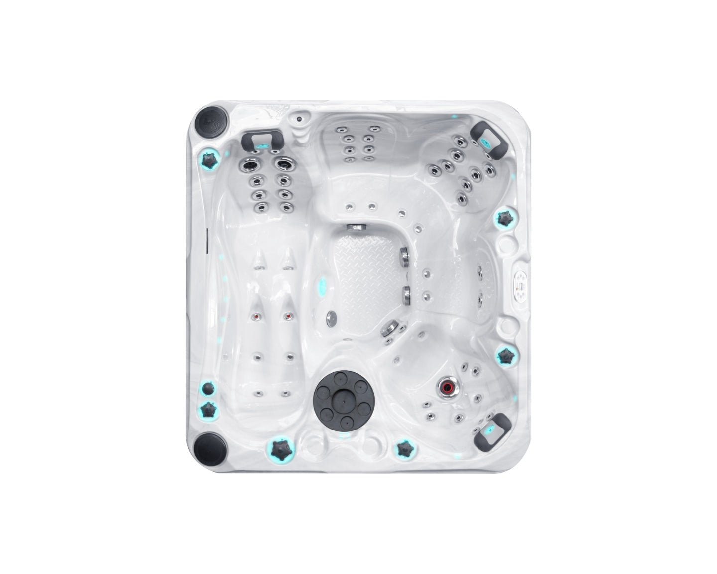 Pleasure luxury hot tub with LED lighting and ergonomic seating, top view showcasing massage jets and sleek white design - Passion Spas Signature Collection