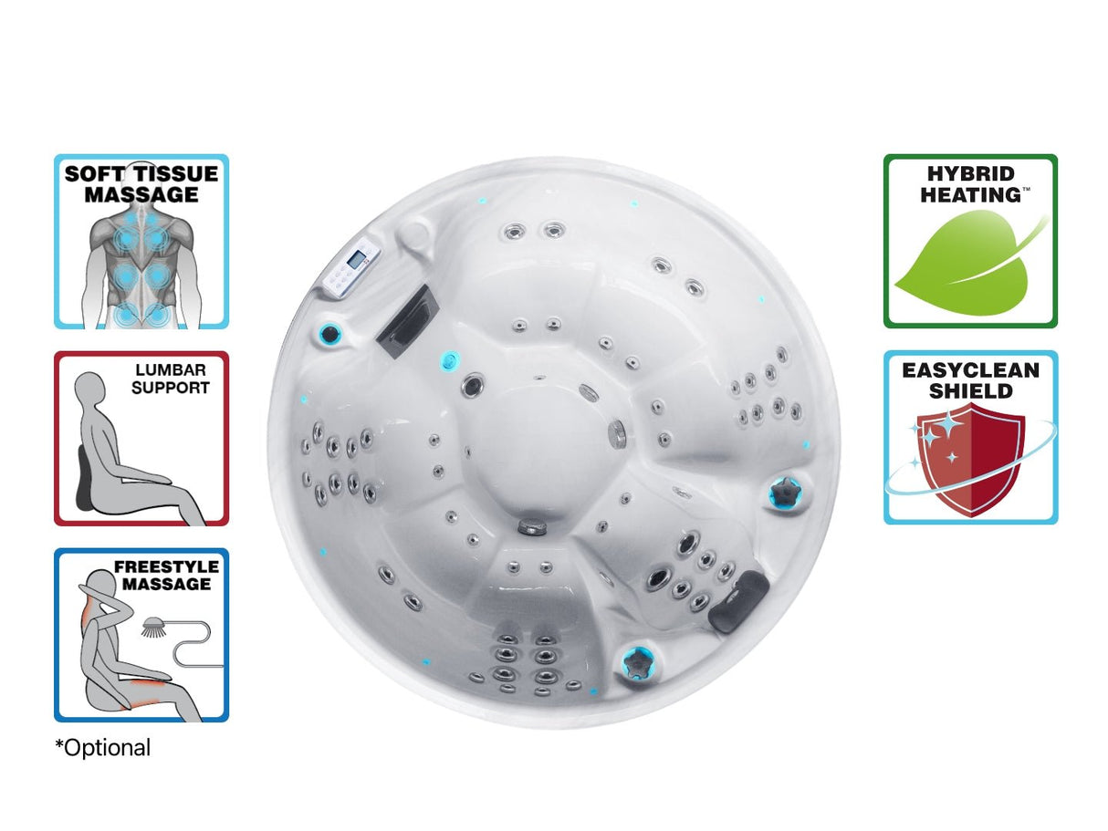 Recharge round spa with multiple jets and hybrid heating system for 5 people, featuring therapeutic massage options - Passion Spas Pure Collection